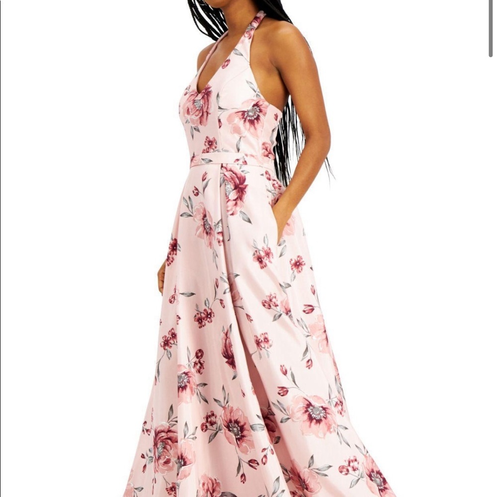 Pink floral sleeveless halter dress